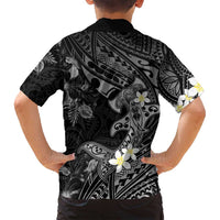 Polynesia Hammerhead Shark Family Matching Tank Maxi Dress and Hawaiian Shirt Tropical Flowers Tribal Pattern Black