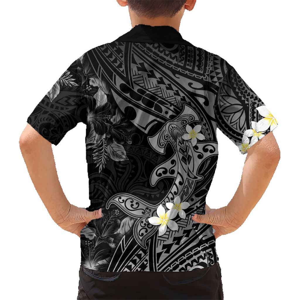 Polynesia Hammerhead Shark Kid Hawaiian Shirt Tropical Flowers Tribal Pattern Black