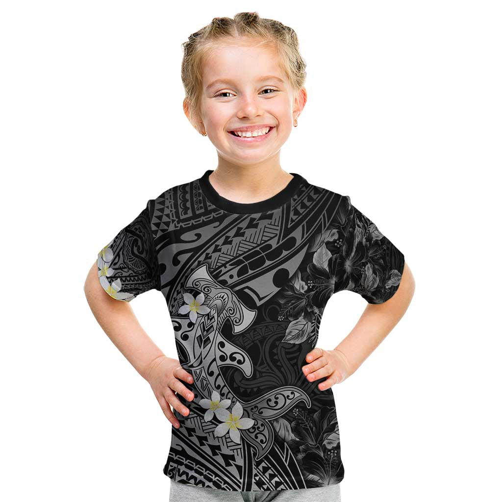 Polynesia Hammerhead Shark Kid T Shirt Tropical Flowers Tribal Pattern Black