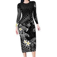 Polynesia Hammerhead Shark Long Sleeve Bodycon Dress Tropical Flowers Tribal Pattern Black LT05 Long Dress Black - Polynesian Pride
