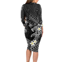 Polynesia Hammerhead Shark Long Sleeve Bodycon Dress Tropical Flowers Tribal Pattern Black LT05 - Polynesian Pride