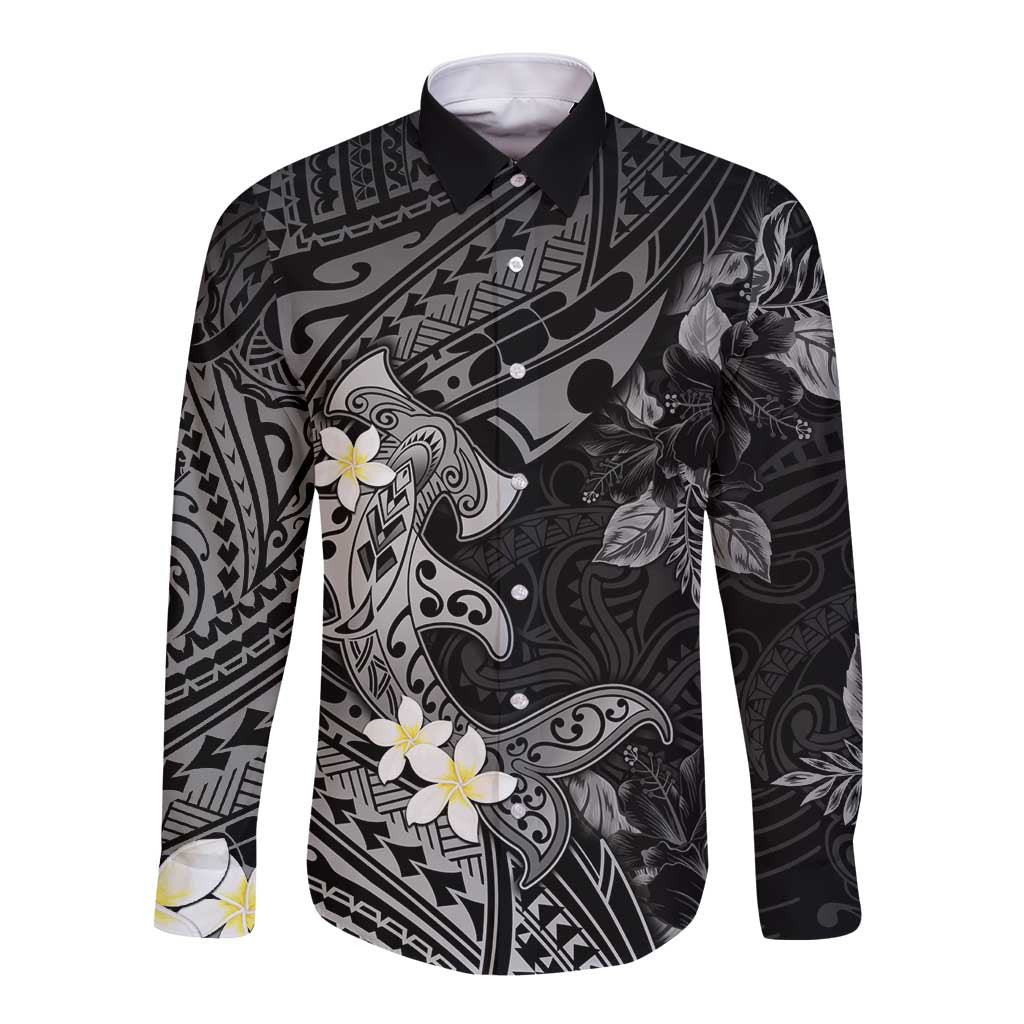 Polynesia Hammerhead Shark Long Sleeve Button Shirt Tropical Flowers Tribal Pattern Black LT05 Unisex Black - Polynesian Pride