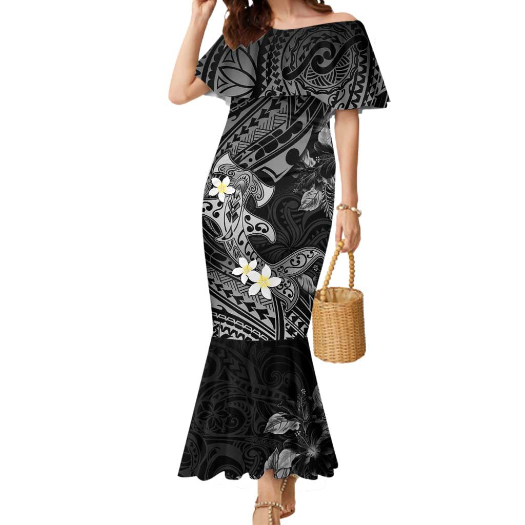 Polynesia Hammerhead Shark Mermaid Dress Tropical Flowers Tribal Pattern Black LT05 Women Black - Polynesian Pride