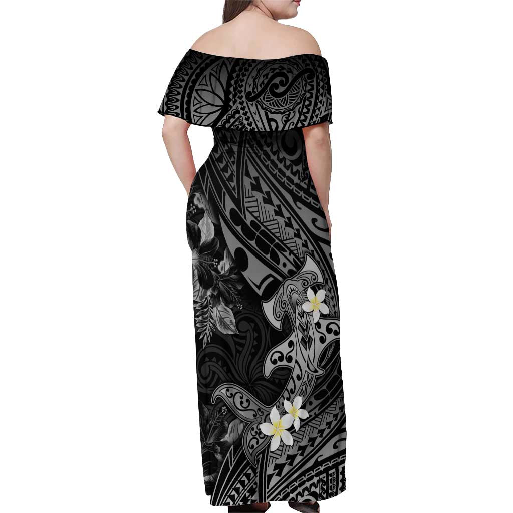 Polynesia Hammerhead Shark Off Shoulder Maxi Dress Tropical Flowers Tribal Pattern Black
