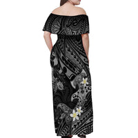 Polynesia Hammerhead Shark Off Shoulder Maxi Dress Tropical Flowers Tribal Pattern Black