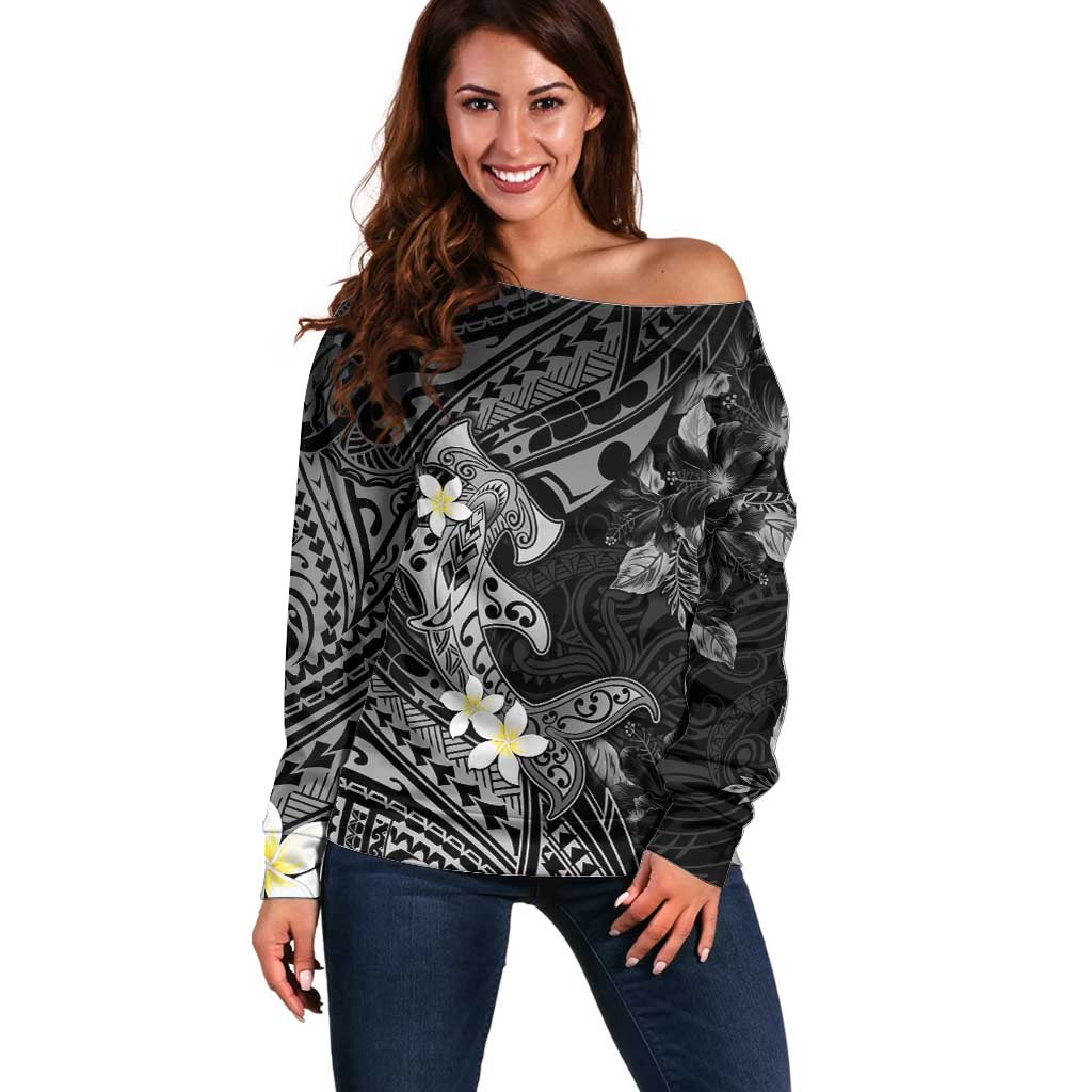 Polynesia Hammerhead Shark Off Shoulder Sweater Tropical Flowers Tribal Pattern Black LT05 Women Black - Polynesian Pride