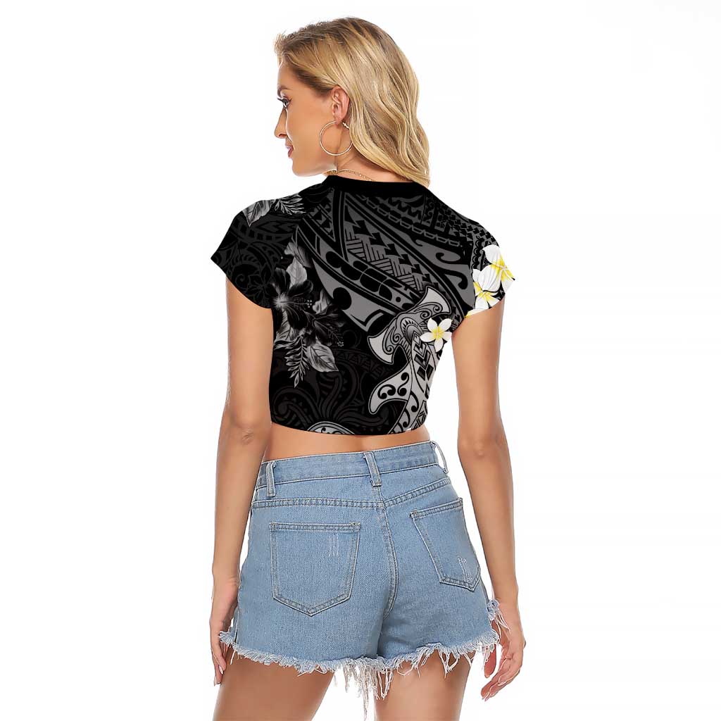 Polynesia Hammerhead Shark Raglan Cropped T Shirt Tropical Flowers Tribal Pattern Black