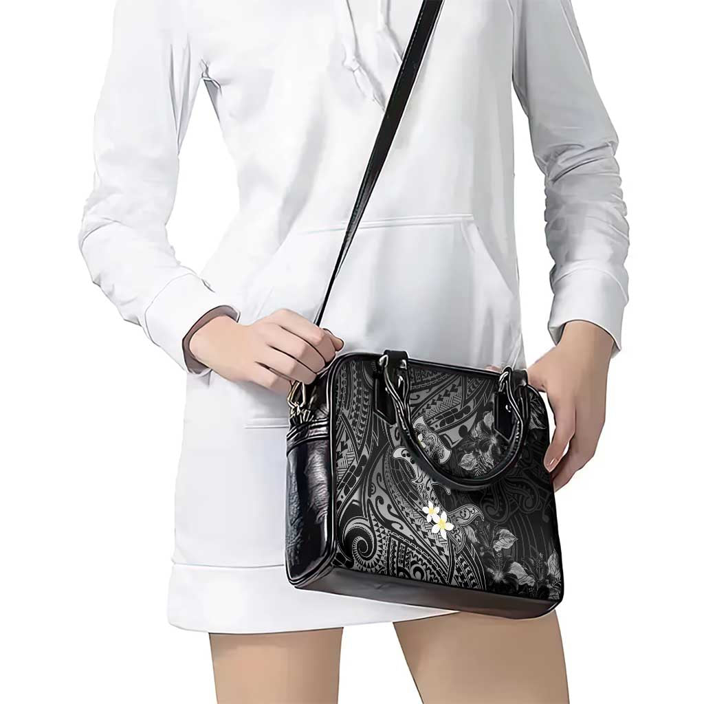 Polynesia Hammerhead Shark Shoulder Handbag Tropical Flowers Tribal Pattern Black