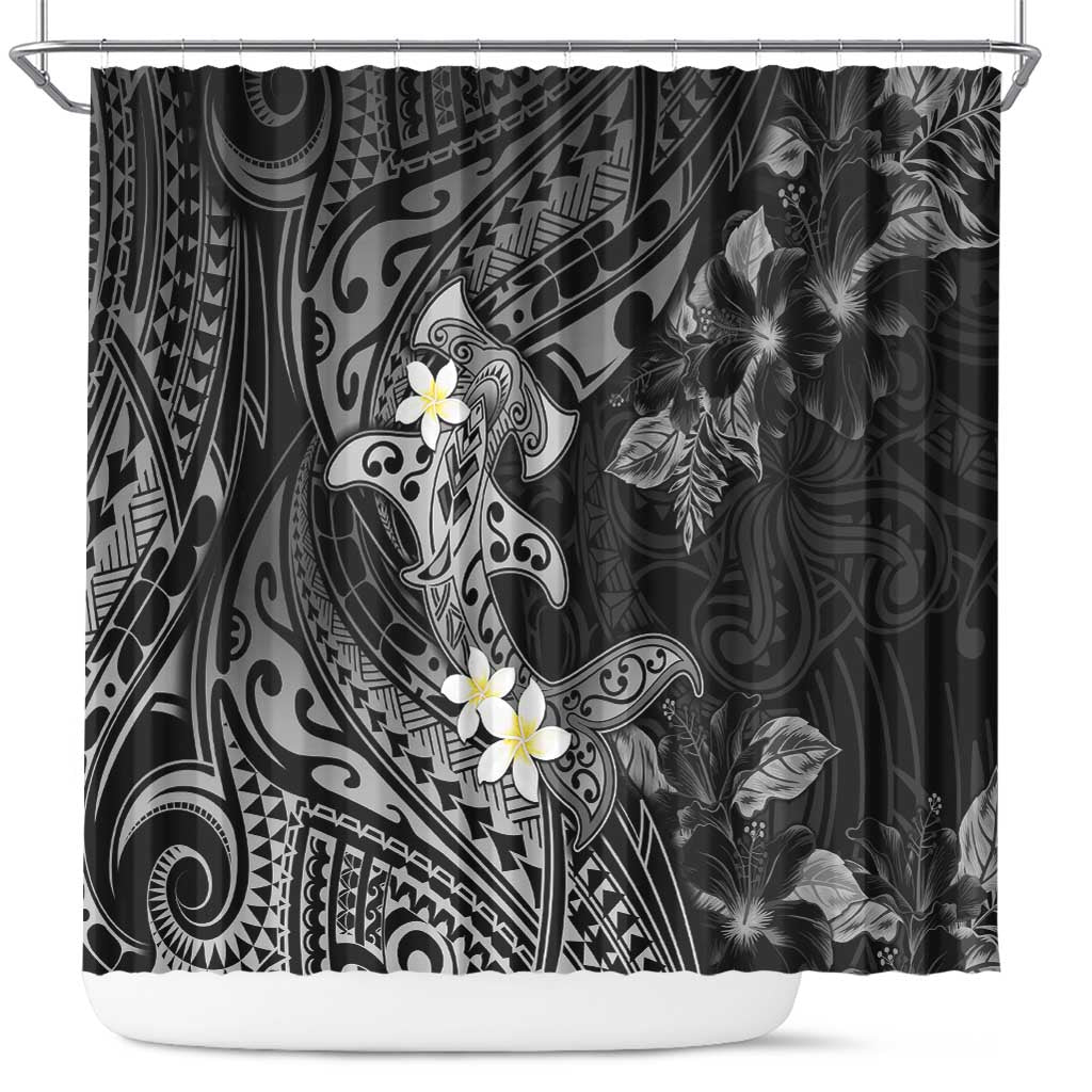 Polynesia Hammerhead Shark Shower Curtain Tropical Flowers Tribal Pattern Black LT05 Black - Polynesian Pride
