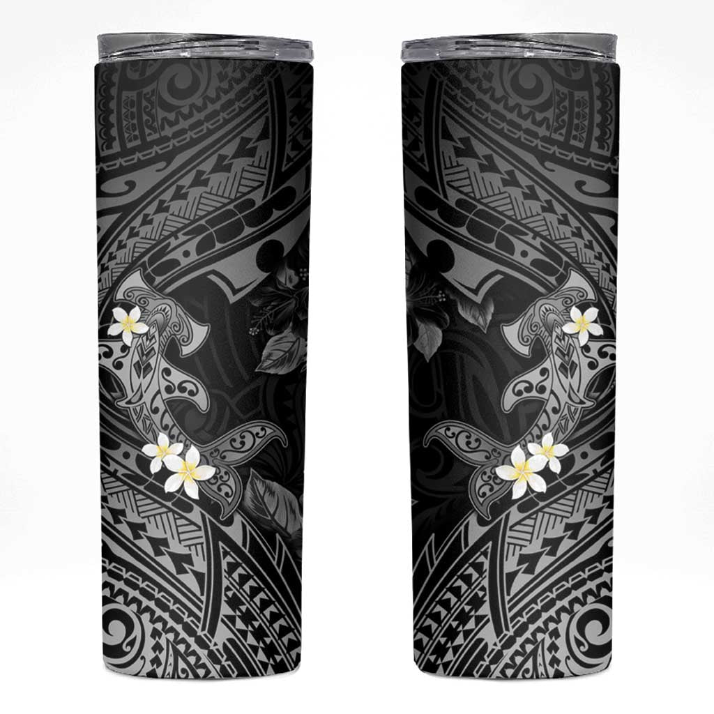 Polynesia Hammerhead Shark Skinny Tumbler Tropical Flowers Tribal Pattern Black LT05 Black - Polynesian Pride