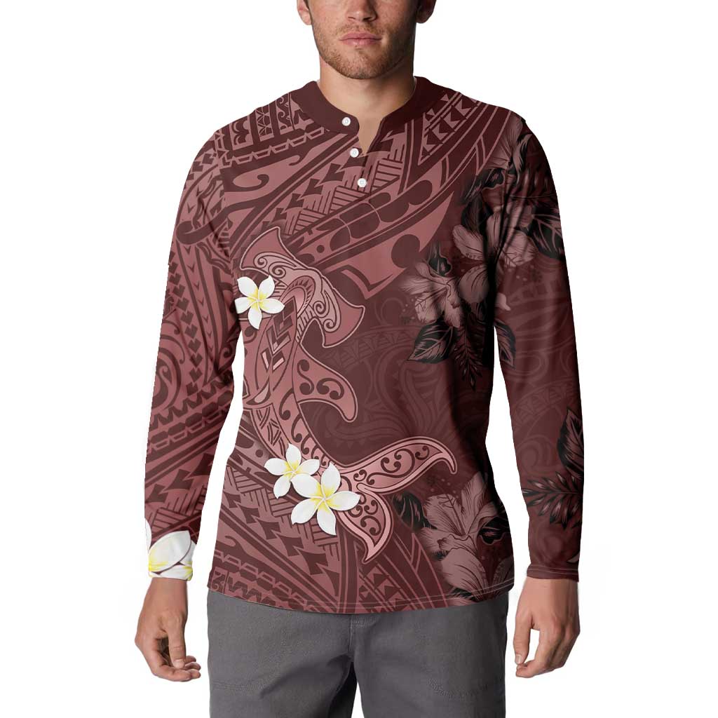 Polynesia Hammerhead Shark Button Sweatshirt Tropical Flowers Tribal Pattern Oxblood