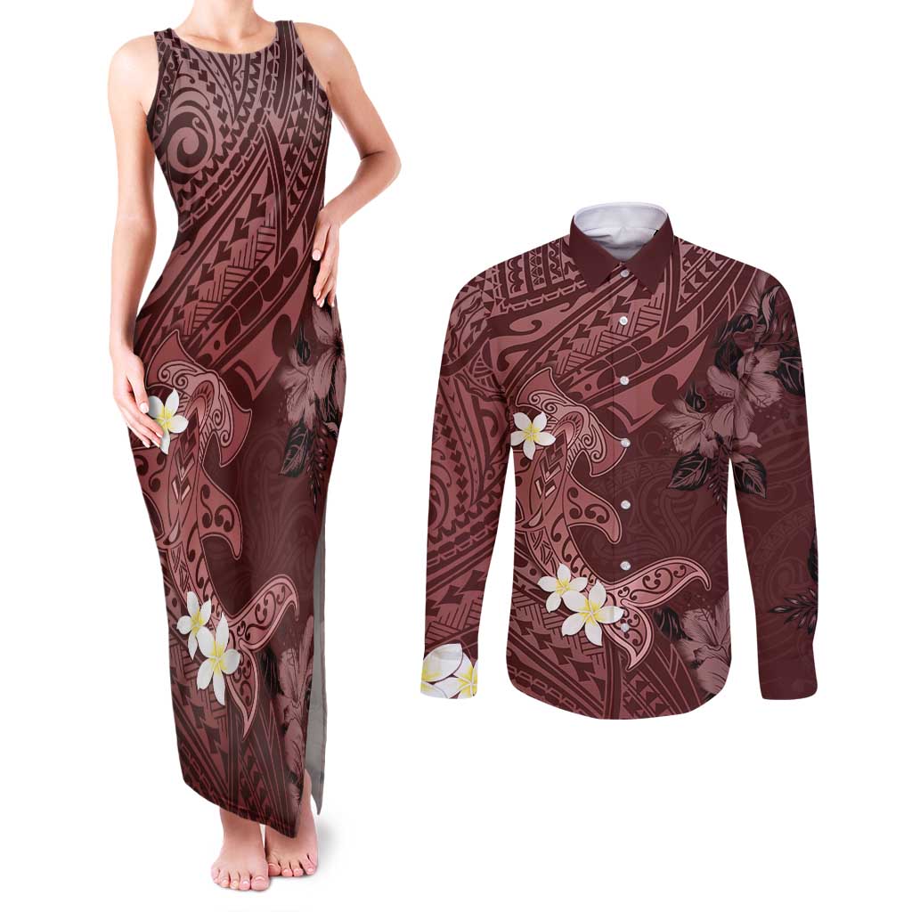 Polynesia Hammerhead Shark Couples Matching Tank Maxi Dress and Long Sleeve Button Shirt Tropical Flowers Tribal Pattern Oxblood