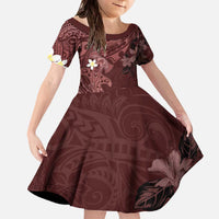 Polynesia Hammerhead Shark Family Matching Off The Shoulder Long Sleeve Dress and Hawaiian Shirt Tropical Flowers Tribal Pattern Oxblood LT05 Daughter's Dress Oxblood - Polynesian Pride