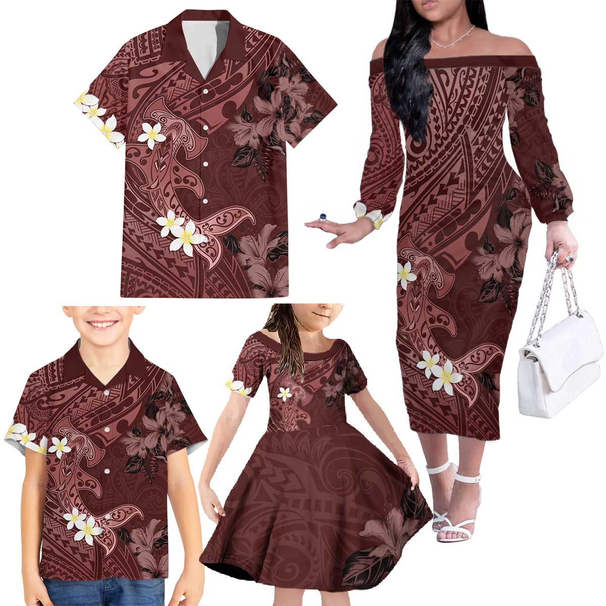 Polynesia Hammerhead Shark Family Matching Off The Shoulder Long Sleeve Dress and Hawaiian Shirt Tropical Flowers Tribal Pattern Oxblood LT05 - Polynesian Pride