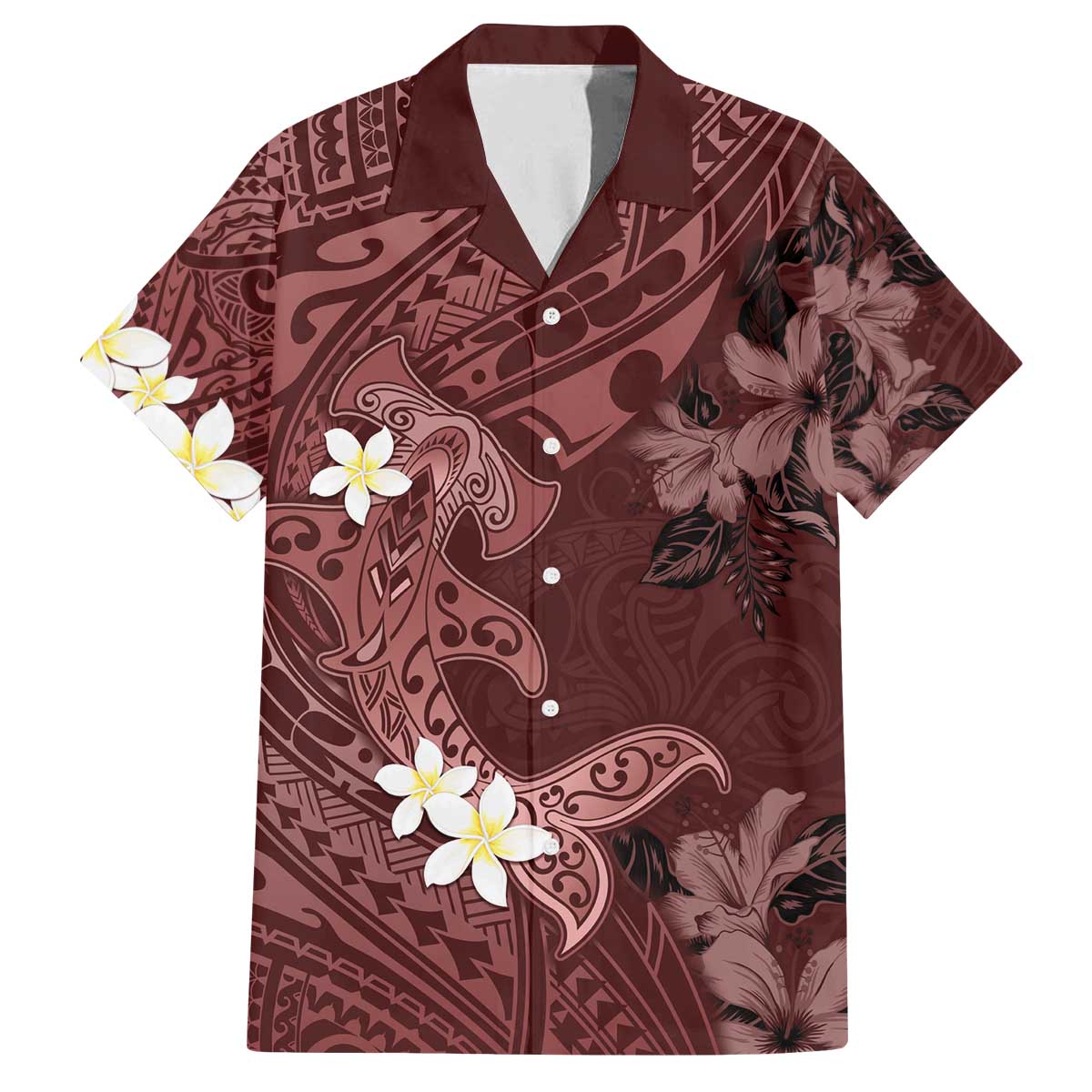 Polynesia Hammerhead Shark Family Matching Off The Shoulder Long Sleeve Dress and Hawaiian Shirt Tropical Flowers Tribal Pattern Oxblood LT05 Dad's Shirt - Short Sleeve Oxblood - Polynesian Pride