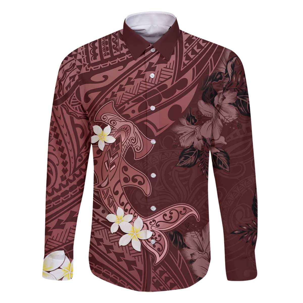Polynesia Hammerhead Shark Family Matching Off The Shoulder Long Sleeve Dress and Hawaiian Shirt Tropical Flowers Tribal Pattern Oxblood LT05 Dad's Shirt - Long Sleeve Oxblood - Polynesian Pride