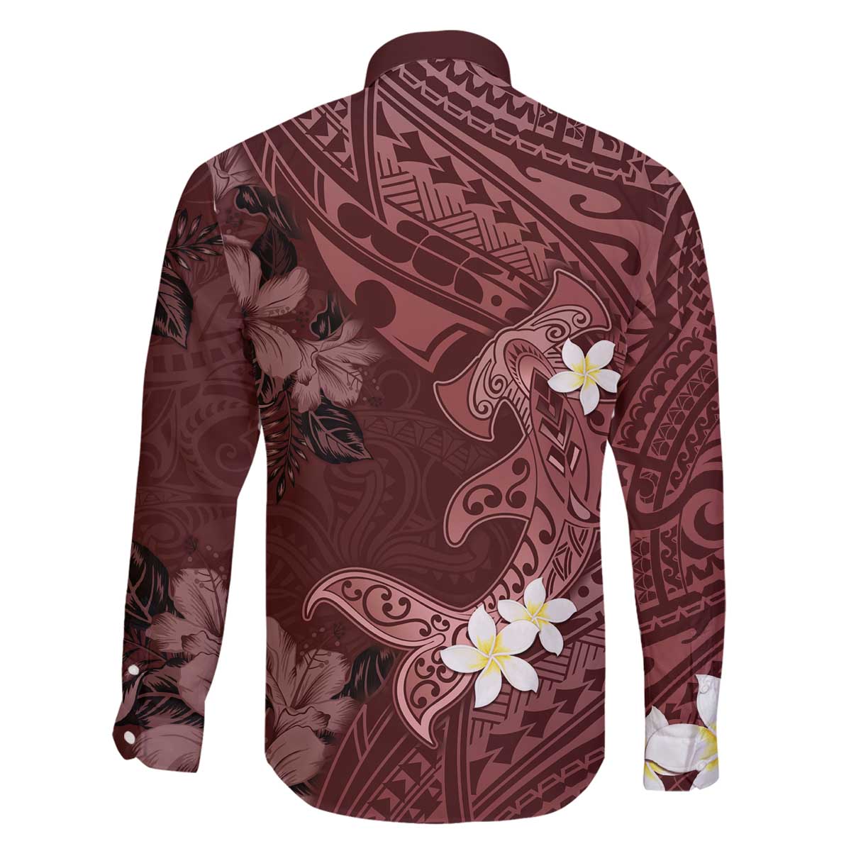 Polynesia Hammerhead Shark Family Matching Off The Shoulder Long Sleeve Dress and Hawaiian Shirt Tropical Flowers Tribal Pattern Oxblood LT05 - Polynesian Pride