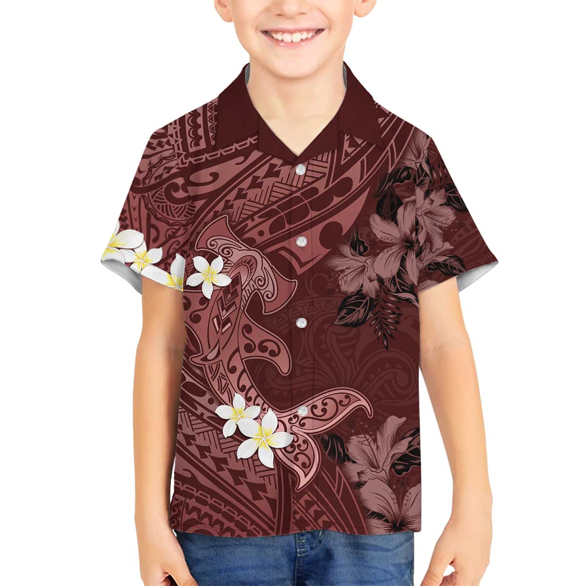 Polynesia Hammerhead Shark Family Matching Off The Shoulder Long Sleeve Dress and Hawaiian Shirt Tropical Flowers Tribal Pattern Oxblood LT05 Son's Shirt Oxblood - Polynesian Pride