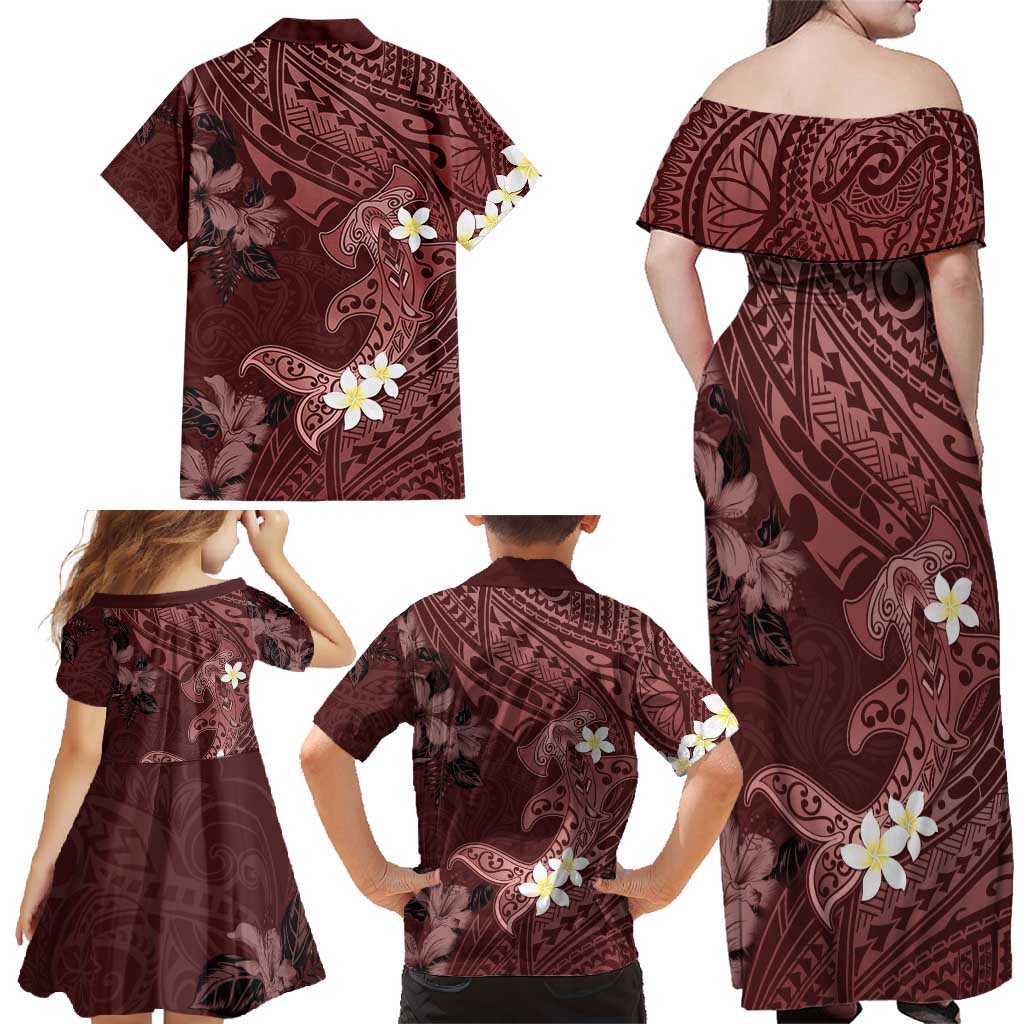 Polynesia Hammerhead Shark Family Matching Off Shoulder Maxi Dress and Hawaiian Shirt Tropical Flowers Tribal Pattern Oxblood