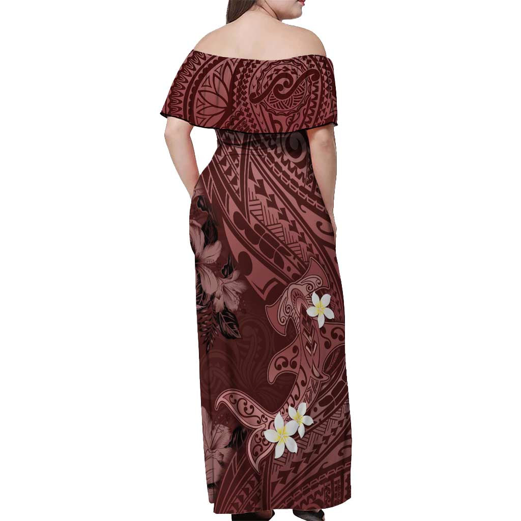 Polynesia Hammerhead Shark Off Shoulder Maxi Dress Tropical Flowers Tribal Pattern Oxblood