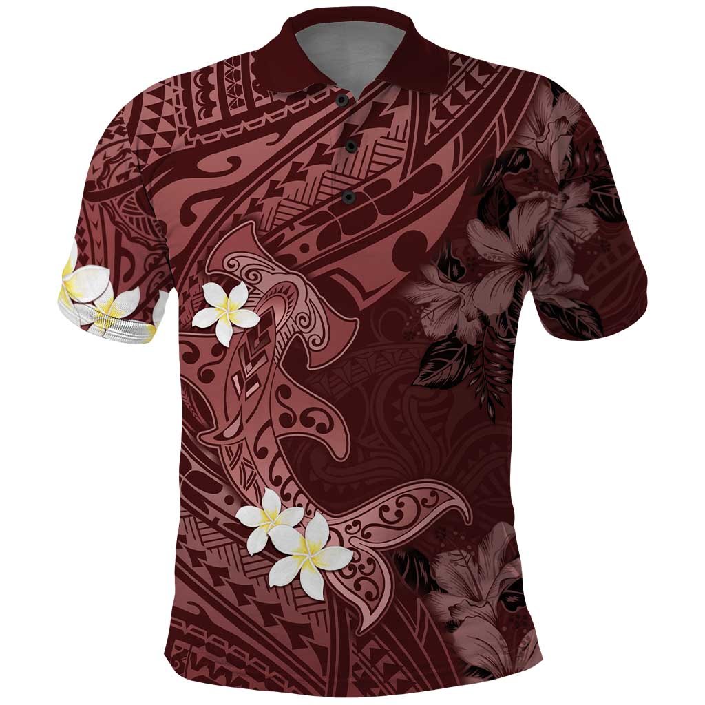 Polynesia Hammerhead Shark Polo Shirt Tropical Flowers Tribal Pattern Oxblood