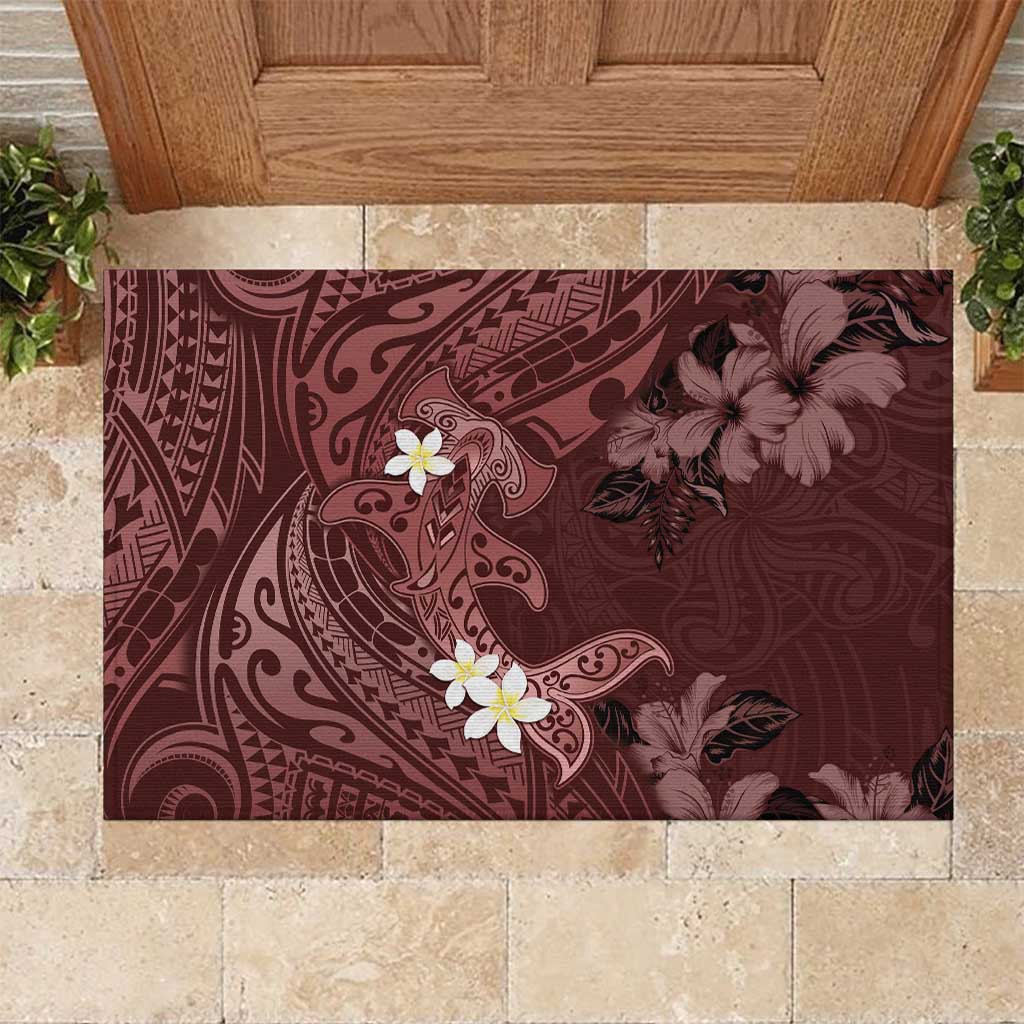 Polynesia Hammerhead Shark Rubber Doormat Tropical Flowers Tribal Pattern Oxblood