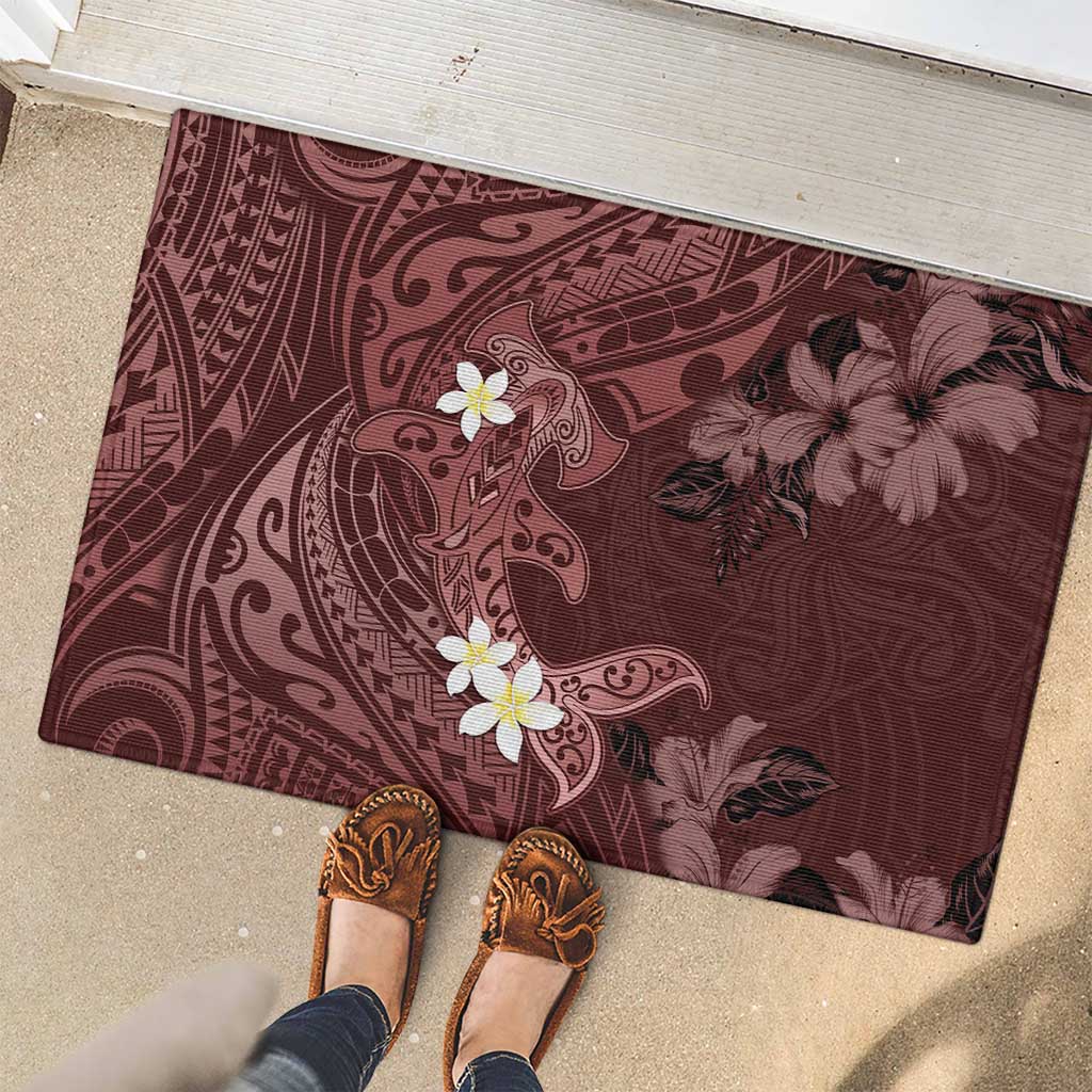 Polynesia Hammerhead Shark Rubber Doormat Tropical Flowers Tribal Pattern Oxblood