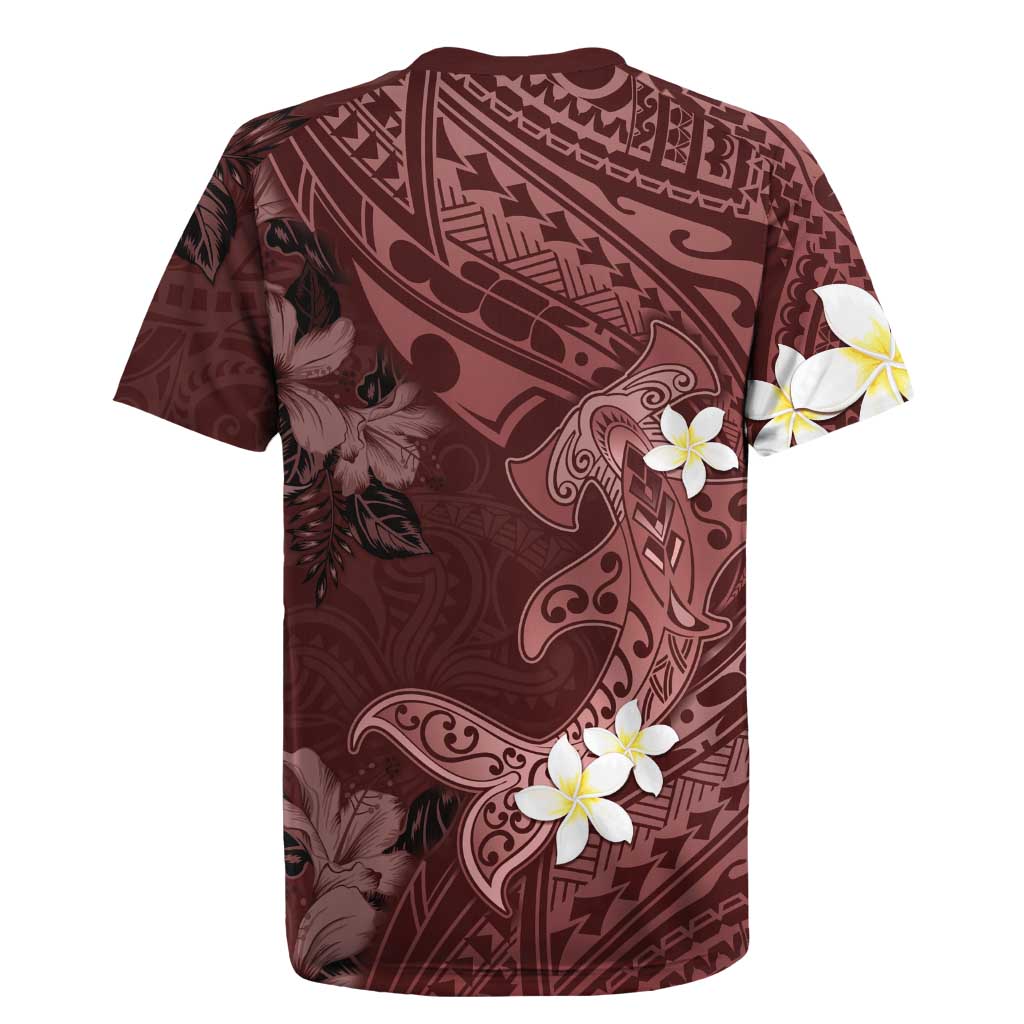 Polynesia Hammerhead Shark Rugby Jersey Tropical Flowers Tribal Pattern Oxblood LT05 - Polynesian Pride