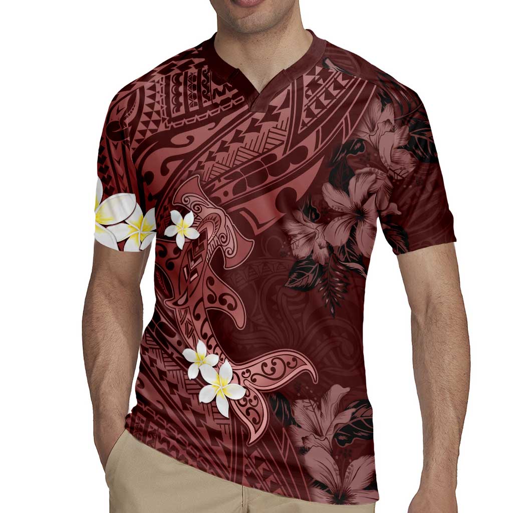 Polynesia Hammerhead Shark Rugby Jersey Tropical Flowers Tribal Pattern Oxblood LT05 - Polynesian Pride