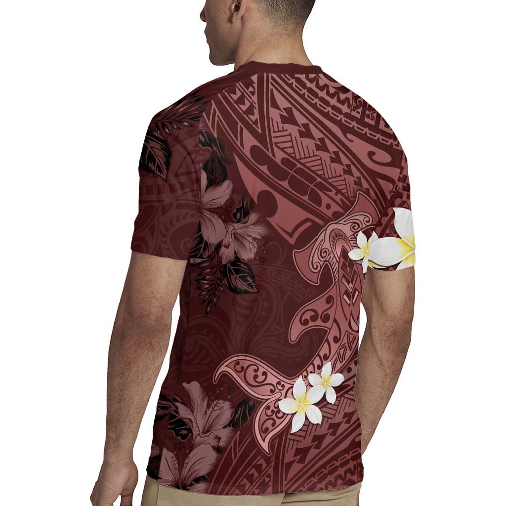Polynesia Hammerhead Shark Rugby Jersey Tropical Flowers Tribal Pattern Oxblood LT05 - Polynesian Pride