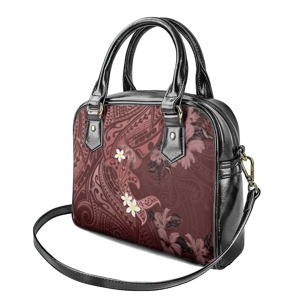 Polynesia Hammerhead Shark Shoulder Handbag Tropical Flowers Tribal Pattern Oxblood