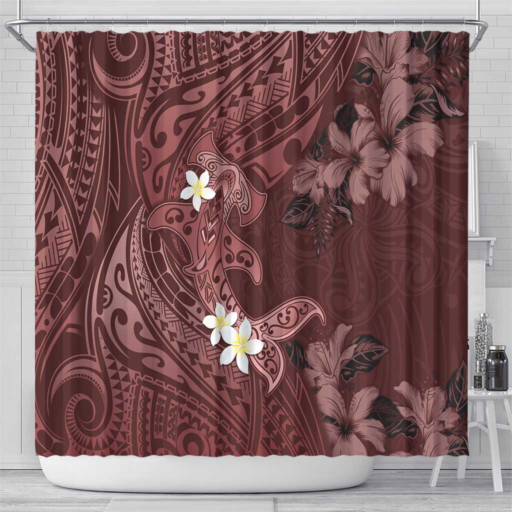 Polynesia Hammerhead Shark Shower Curtain Tropical Flowers Tribal Pattern Oxblood LT05 - Polynesian Pride