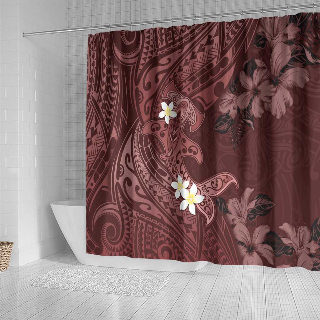 Polynesia Hammerhead Shark Shower Curtain Tropical Flowers Tribal Pattern Oxblood LT05 - Polynesian Pride