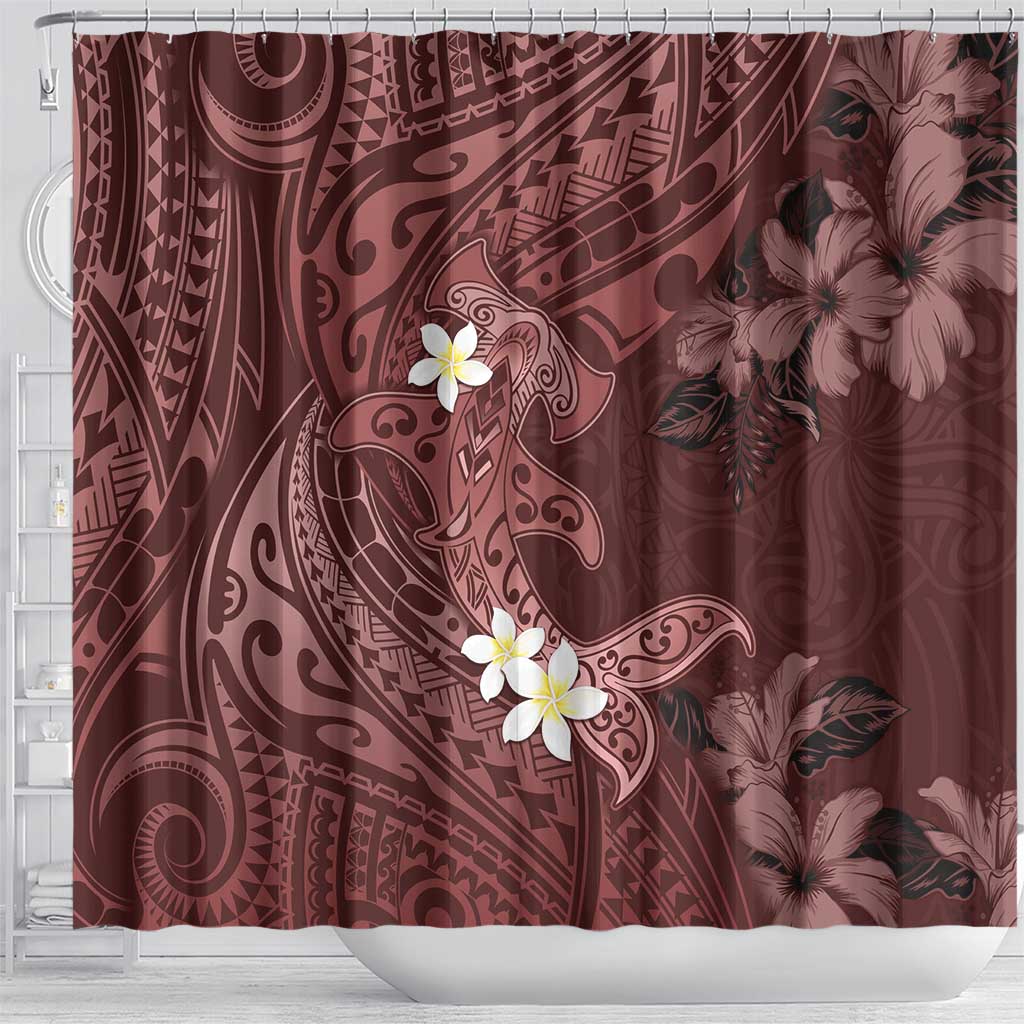 Polynesia Hammerhead Shark Shower Curtain Tropical Flowers Tribal Pattern Oxblood LT05 - Polynesian Pride