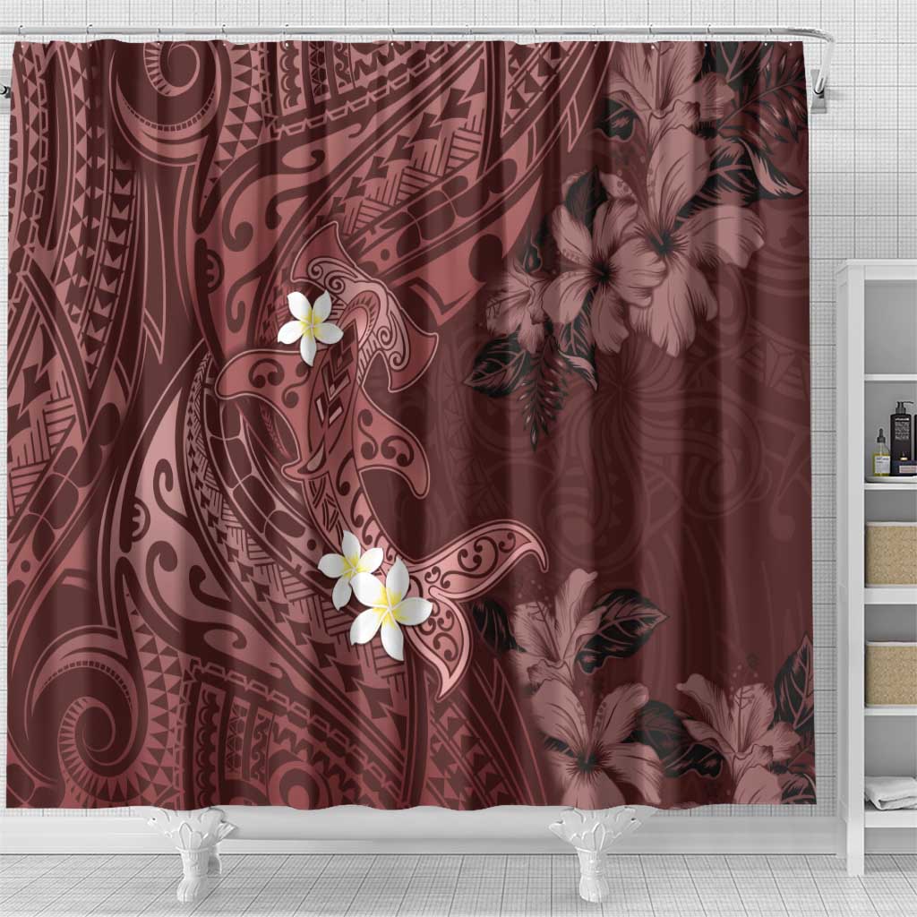 Polynesia Hammerhead Shark Shower Curtain Tropical Flowers Tribal Pattern Oxblood LT05 - Polynesian Pride