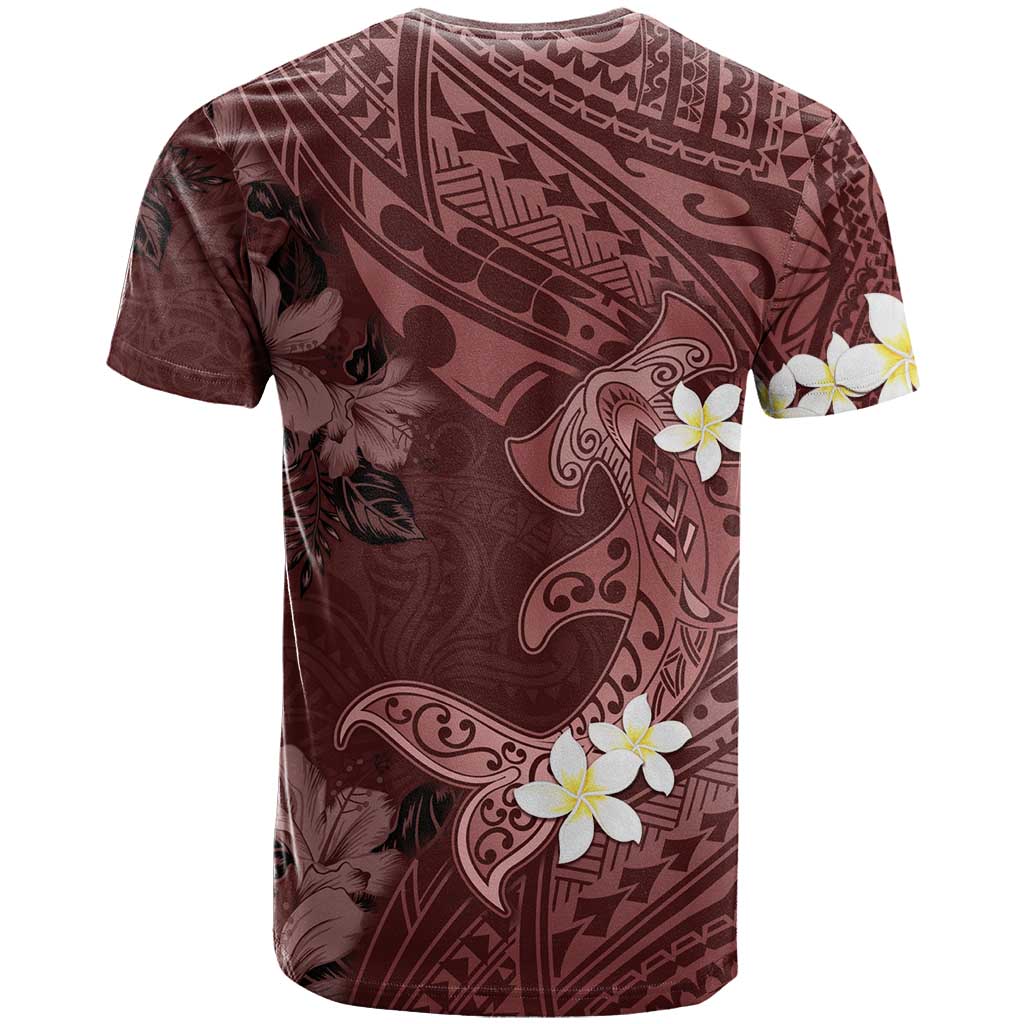 Polynesia Hammerhead Shark T Shirt Tropical Flowers Tribal Pattern Oxblood