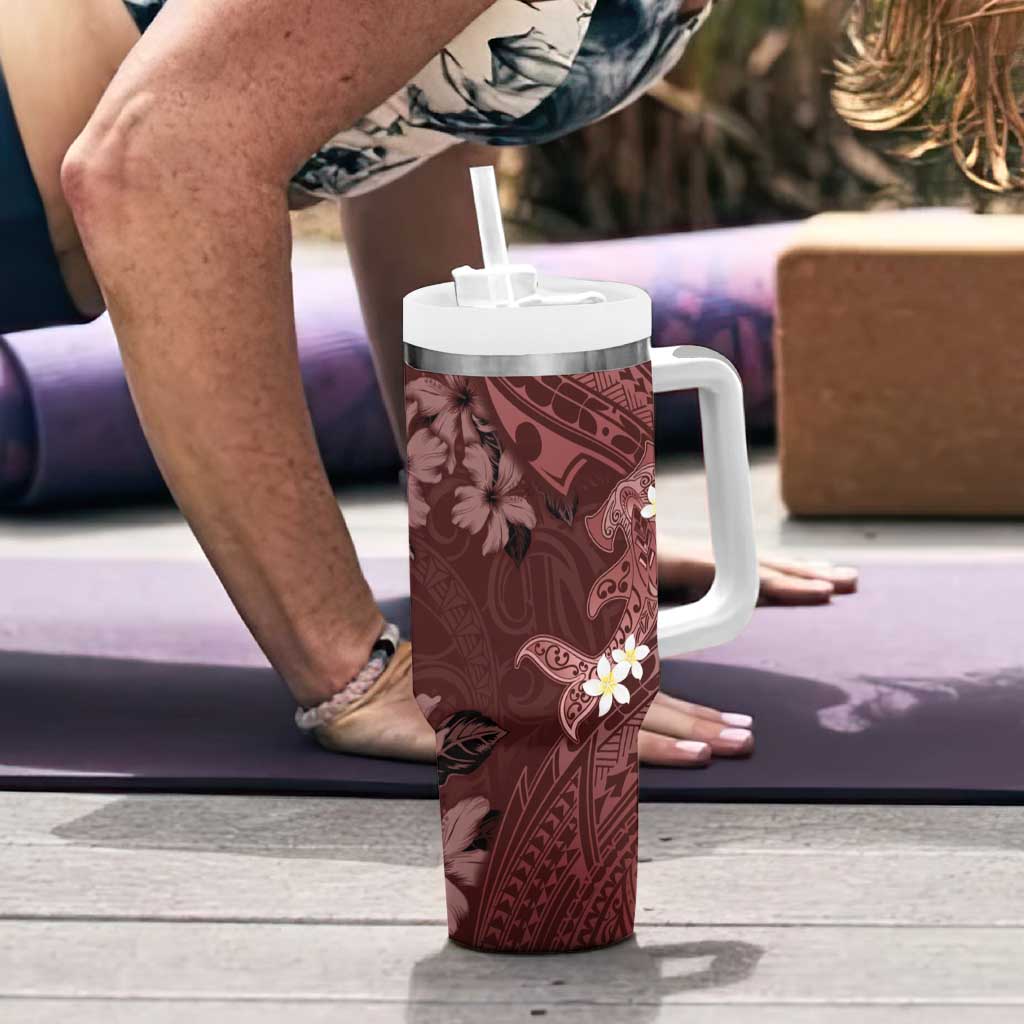 Polynesia Hammerhead Shark Tumbler With Handle Tropical Flowers Tribal Pattern Oxblood