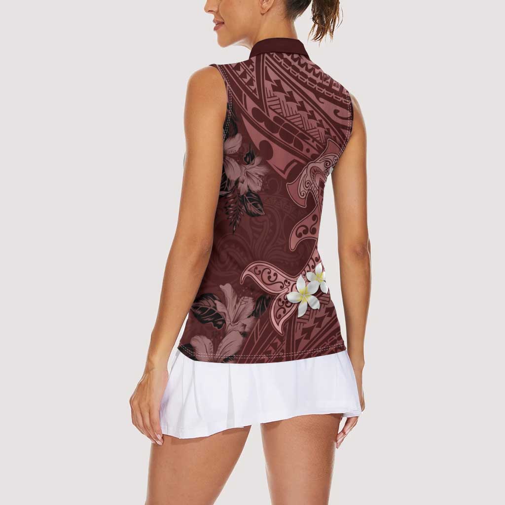 Polynesia Hammerhead Shark Women Sleeveless Polo Shirt Tropical Flowers Tribal Pattern Oxblood