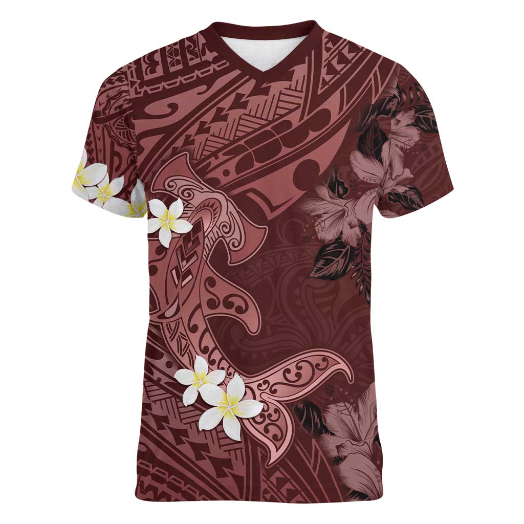 Polynesia Hammerhead Shark Women V-Neck T-Shirt Tropical Flowers Tribal Pattern Oxblood
