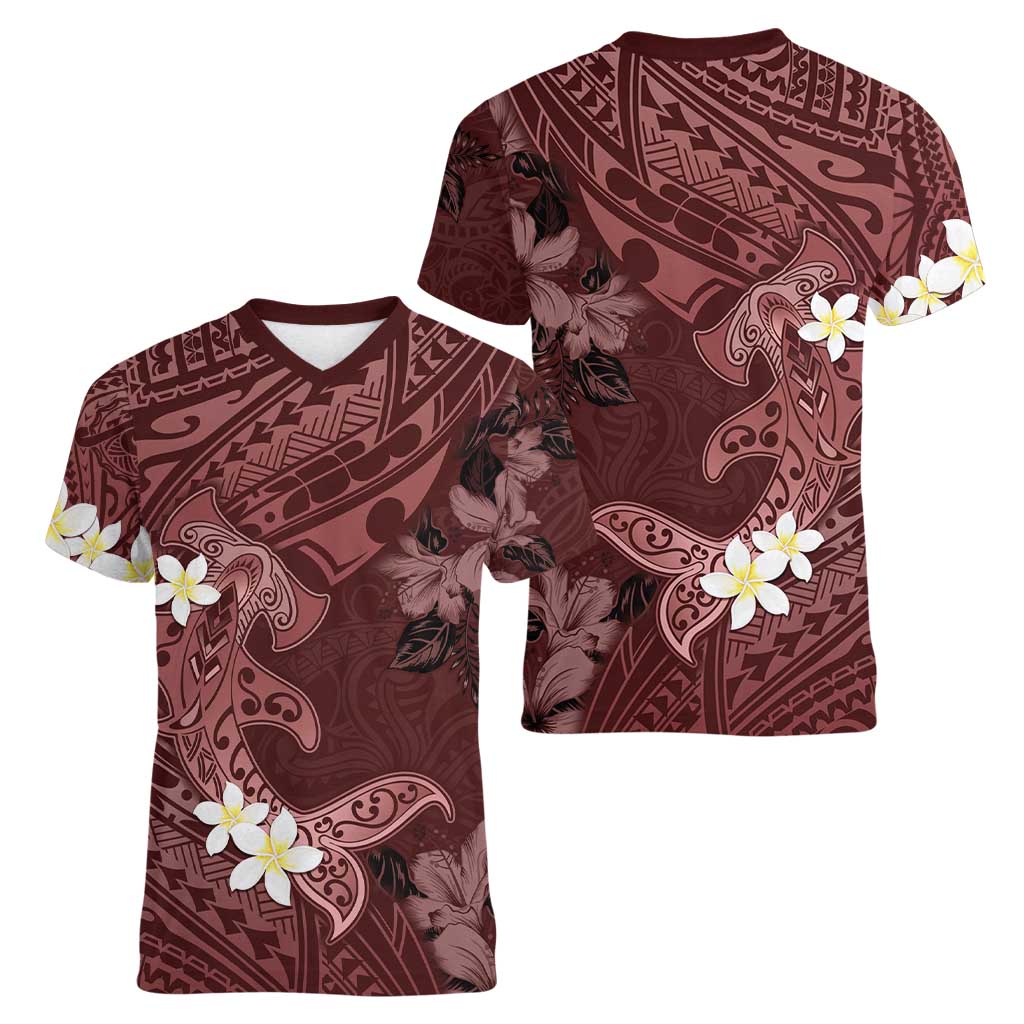 Polynesia Hammerhead Shark Women V-Neck T-Shirt Tropical Flowers Tribal Pattern Oxblood