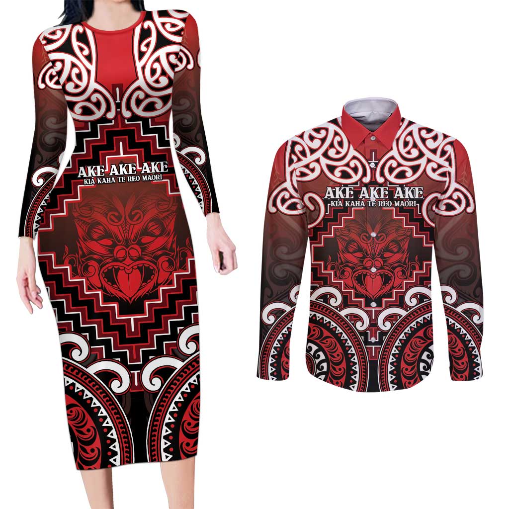 Personalised New Zealand Aotearoa Couples Matching Long Sleeve Bodycon Dress and Long Sleeve Button Shirt Te Reo Maori Ake Ake Ake LT05 Red - Polynesian Pride