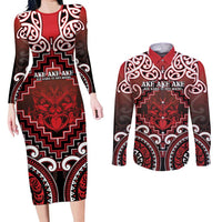 Personalised New Zealand Aotearoa Couples Matching Long Sleeve Bodycon Dress and Long Sleeve Button Shirt Te Reo Maori Ake Ake Ake LT05 Red - Polynesian Pride