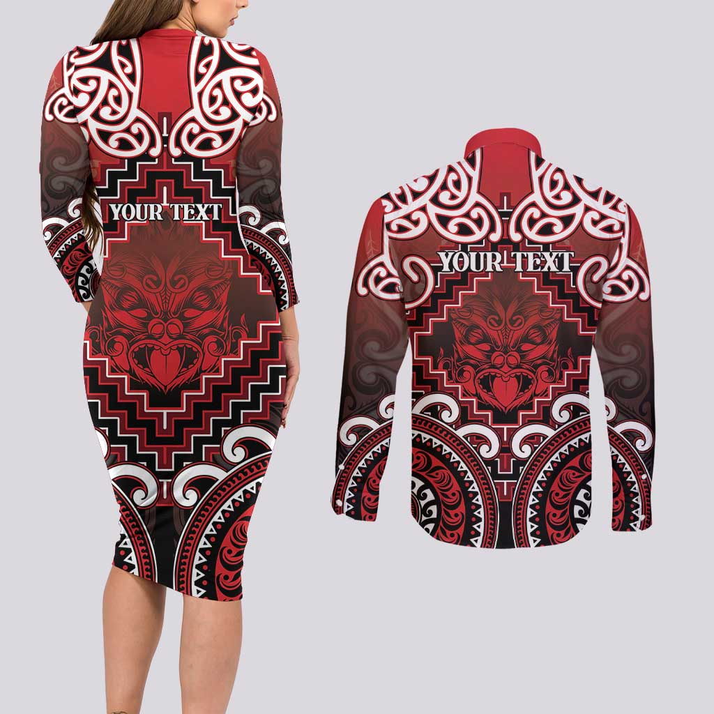 Personalised New Zealand Aotearoa Couples Matching Long Sleeve Bodycon Dress and Long Sleeve Button Shirt Te Reo Maori Ake Ake Ake LT05 - Polynesian Pride