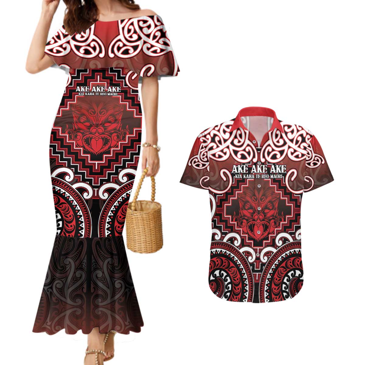 Personalised New Zealand Aotearoa Couples Matching Mermaid Dress and Hawaiian Shirt Te Reo Maori Ake Ake Ake - Polynesian Pride