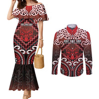Personalised New Zealand Aotearoa Couples Matching Mermaid Dress and Long Sleeve Button Shirt Te Reo Maori Ake Ake Ake LT05 Red - Polynesian Pride