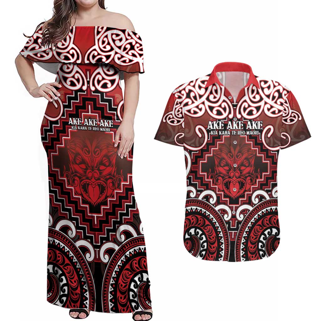 Personalised New Zealand Aotearoa Couples Matching Off Shoulder Maxi Dress and Hawaiian Shirt Te Reo Maori Ake Ake Ake LT05 Red - Polynesian Pride