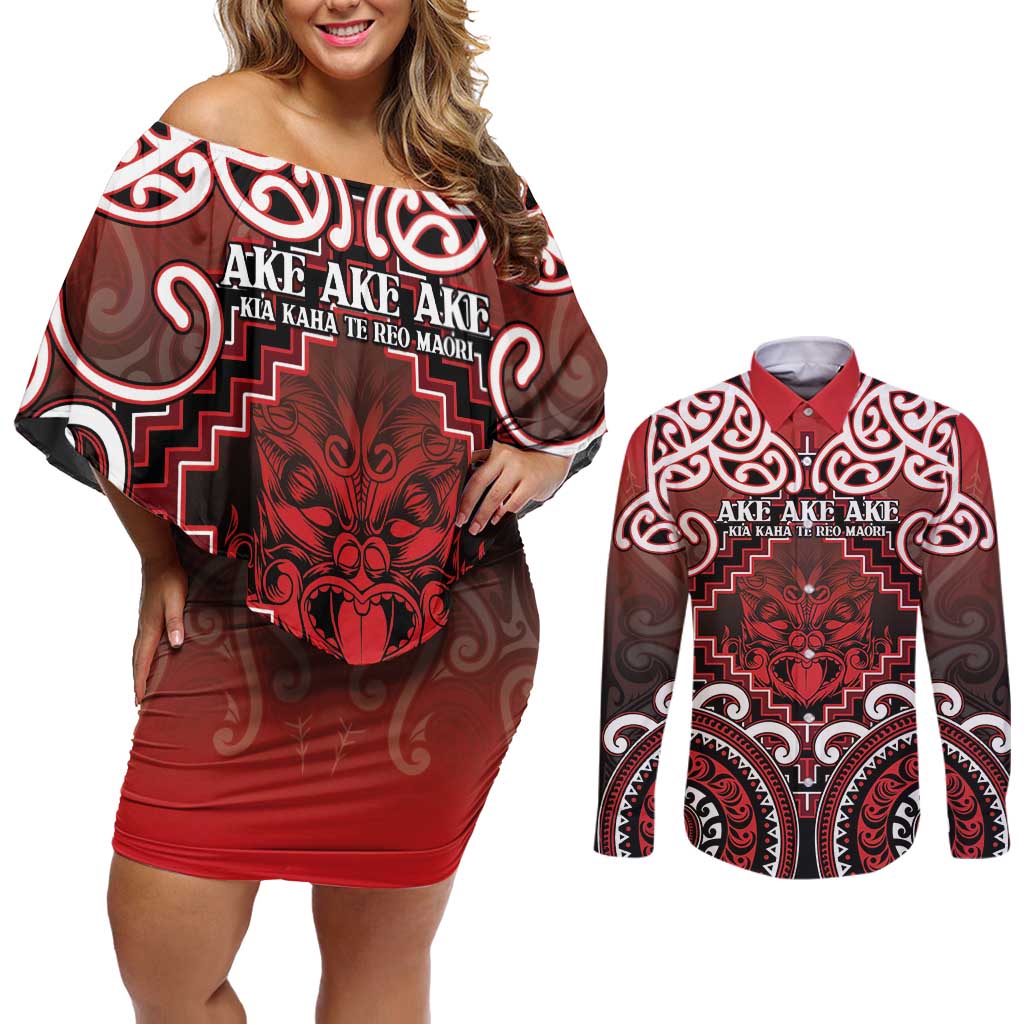 Personalised New Zealand Aotearoa Couples Matching Off Shoulder Short Dress and Long Sleeve Button Shirt Te Reo Maori Ake Ake Ake - Polynesian Pride