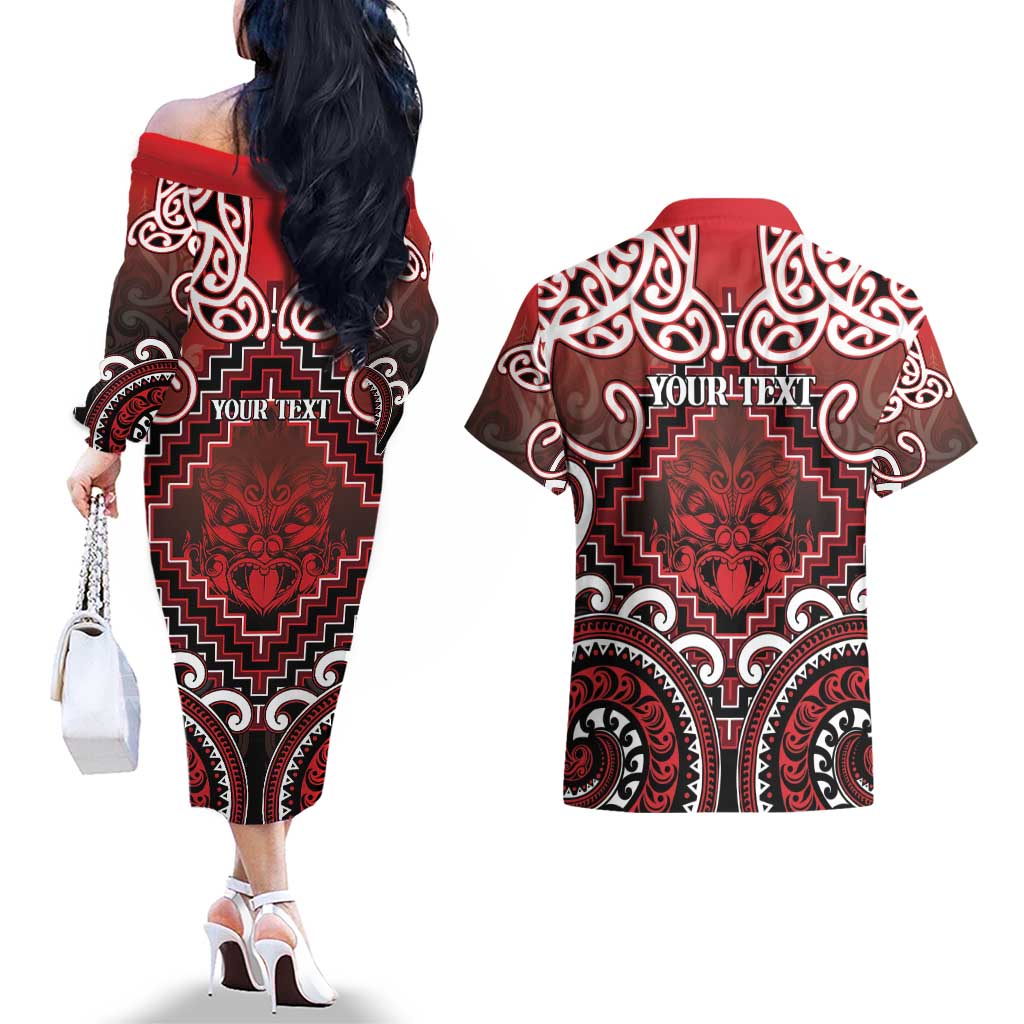 Personalised New Zealand Aotearoa Couples Matching Off The Shoulder Long Sleeve Dress and Hawaiian Shirt Te Reo Maori Ake Ake Ake LT05 - Polynesian Pride