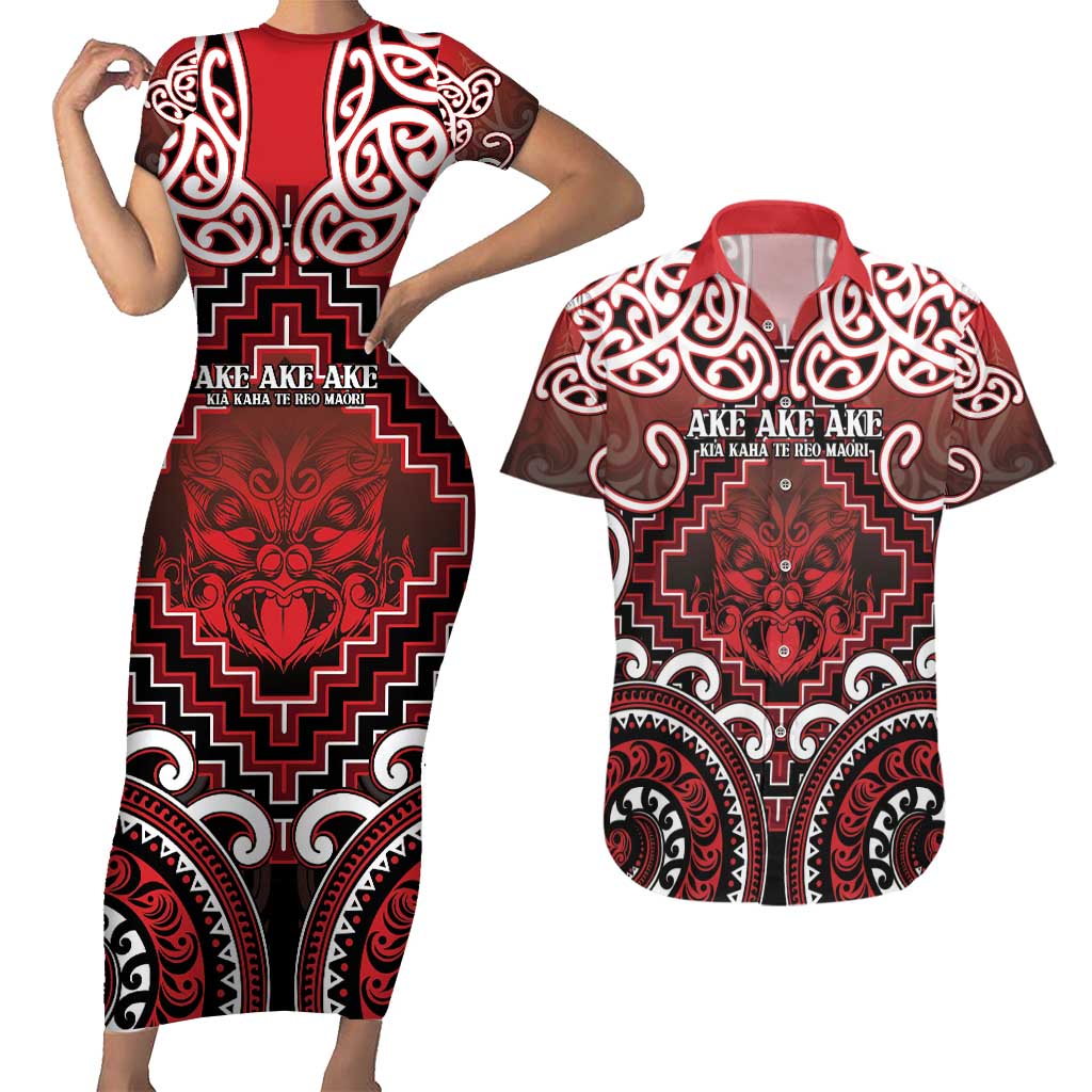 Personalised New Zealand Aotearoa Couples Matching Short Sleeve Bodycon Dress and Hawaiian Shirt Te Reo Maori Ake Ake Ake - Polynesian Pride