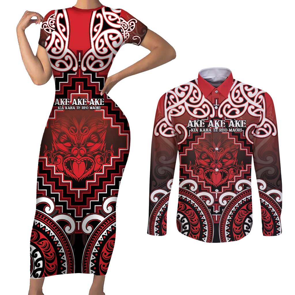 Personalised New Zealand Aotearoa Couples Matching Short Sleeve Bodycon Dress and Long Sleeve Button Shirt Te Reo Maori Ake Ake Ake LT05 Red - Polynesian Pride